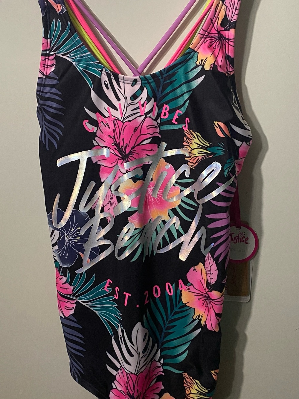 Justice Black One-Piece Swimsuit with Pink, Teal & Yellow Tropical Print NWT